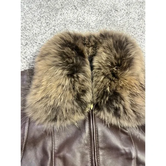 Luxury Women's Genuine Leather Real Fur Collar Jacket Brown Warm Winter Coat Y2K - Picture 5 of 14